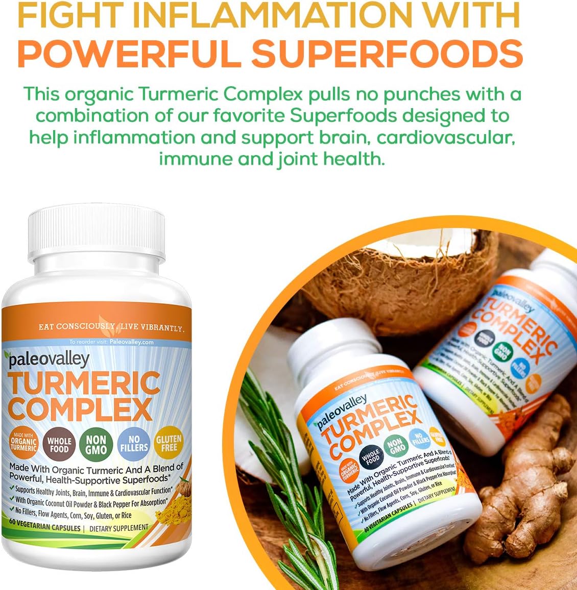 Paleovalley Organic Turmeric Complex (60Count) 30Day Supply 1,000 Mg of Turmeric Per
