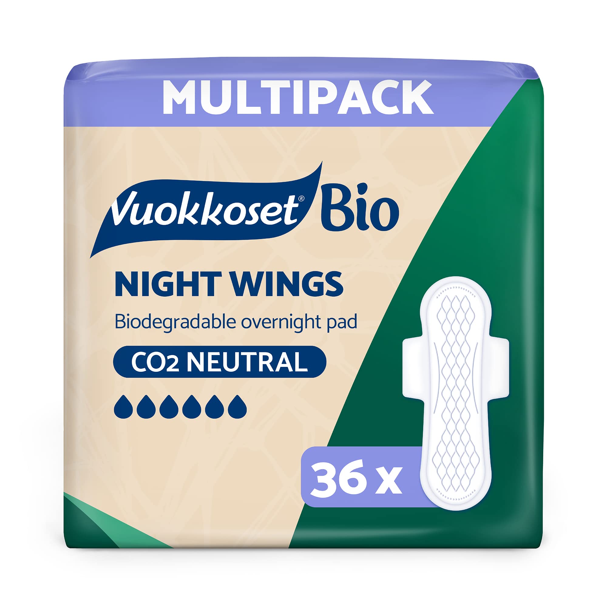 Vuokkoset Eco Night Wings - Biodegradable Thin 12.5 Inch Sanitary Towel Multipack 36 pcs for Sensitive Skin | Organic Cotton | Free of Dyes, Fragrances & Chlorine | Eco-Friendly, Absorbent Core |