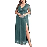 CYCLAMEN Plus Size Sparkly Formal Dress Cape Sleeve V Neck A Line Side Split Maxi Evening Gown Wedding Guest Prom Dresses