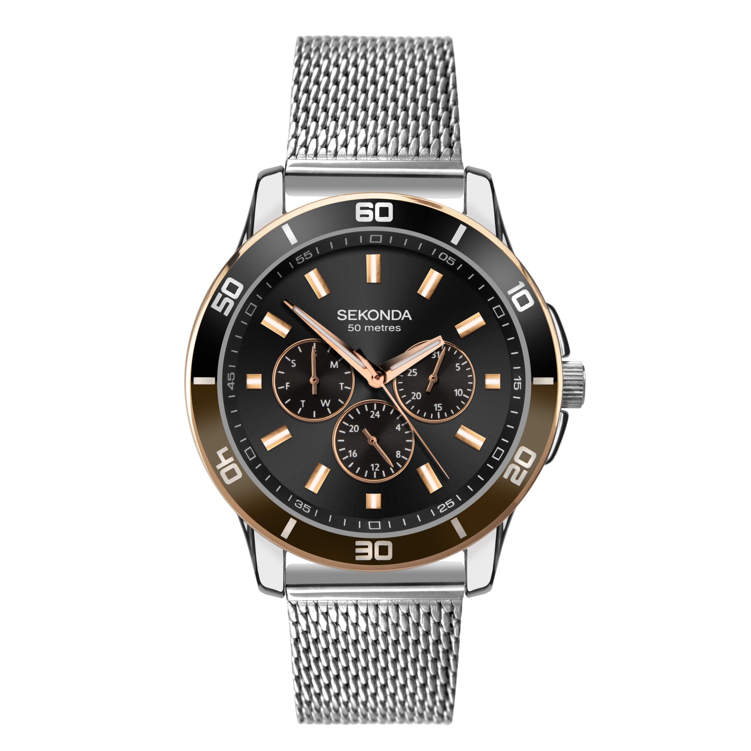 Sekonda Midnight Men's 44mm Quartz Watch in Black with Analogue Day/Date Display, and Silver Stainless Steel Strap 1841