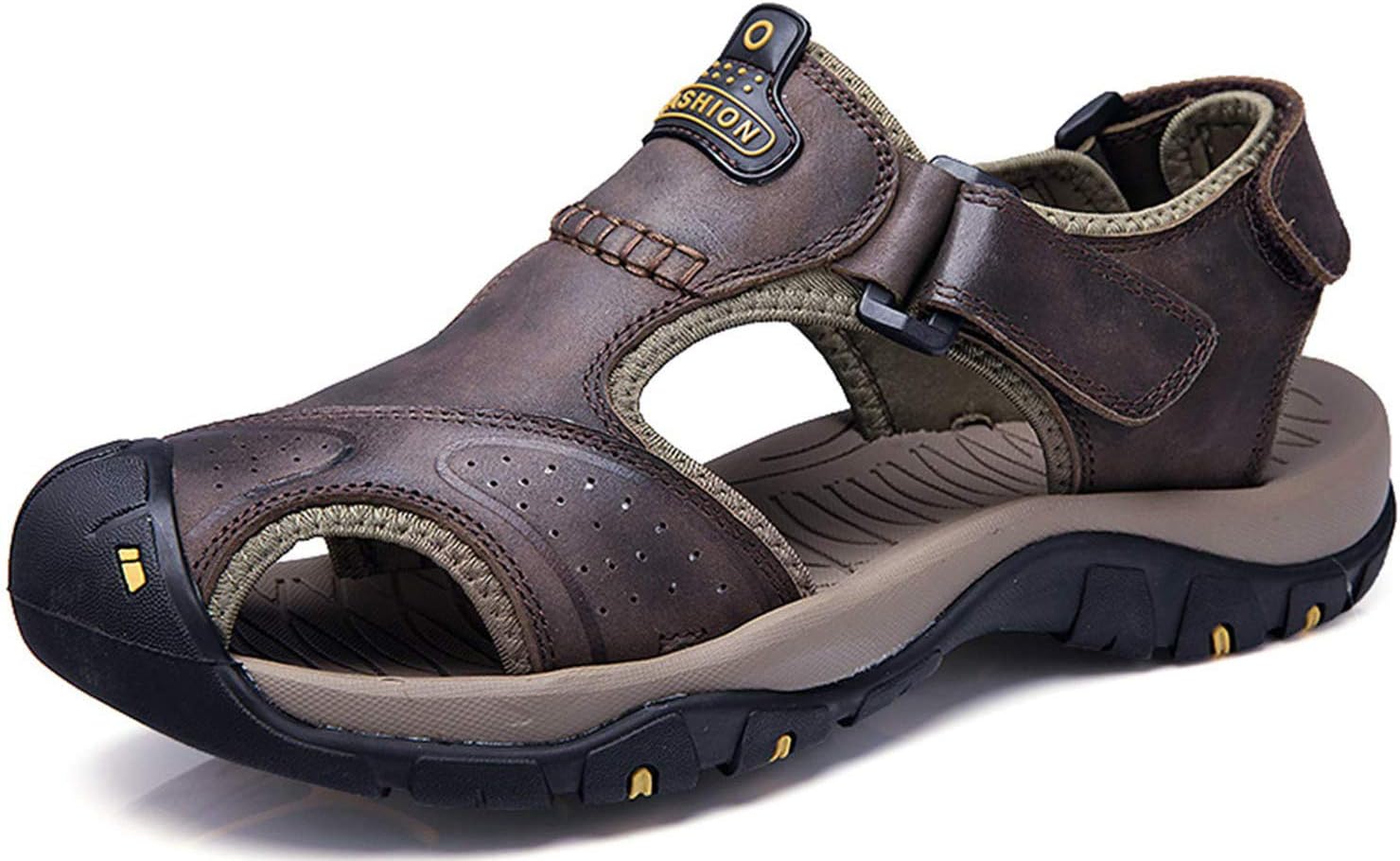T-Gold Mens Leather Walking Sandals Outdoor Closed-Toe Trekking Shoes(9 UK,Dark Brown)