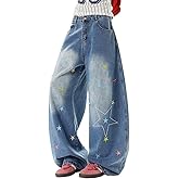 Lafaguw Baggy Jeans for Women Girls Star Embroidered High Waist Barrel Leg Jean Casual Cute Pants Preppy Clothes