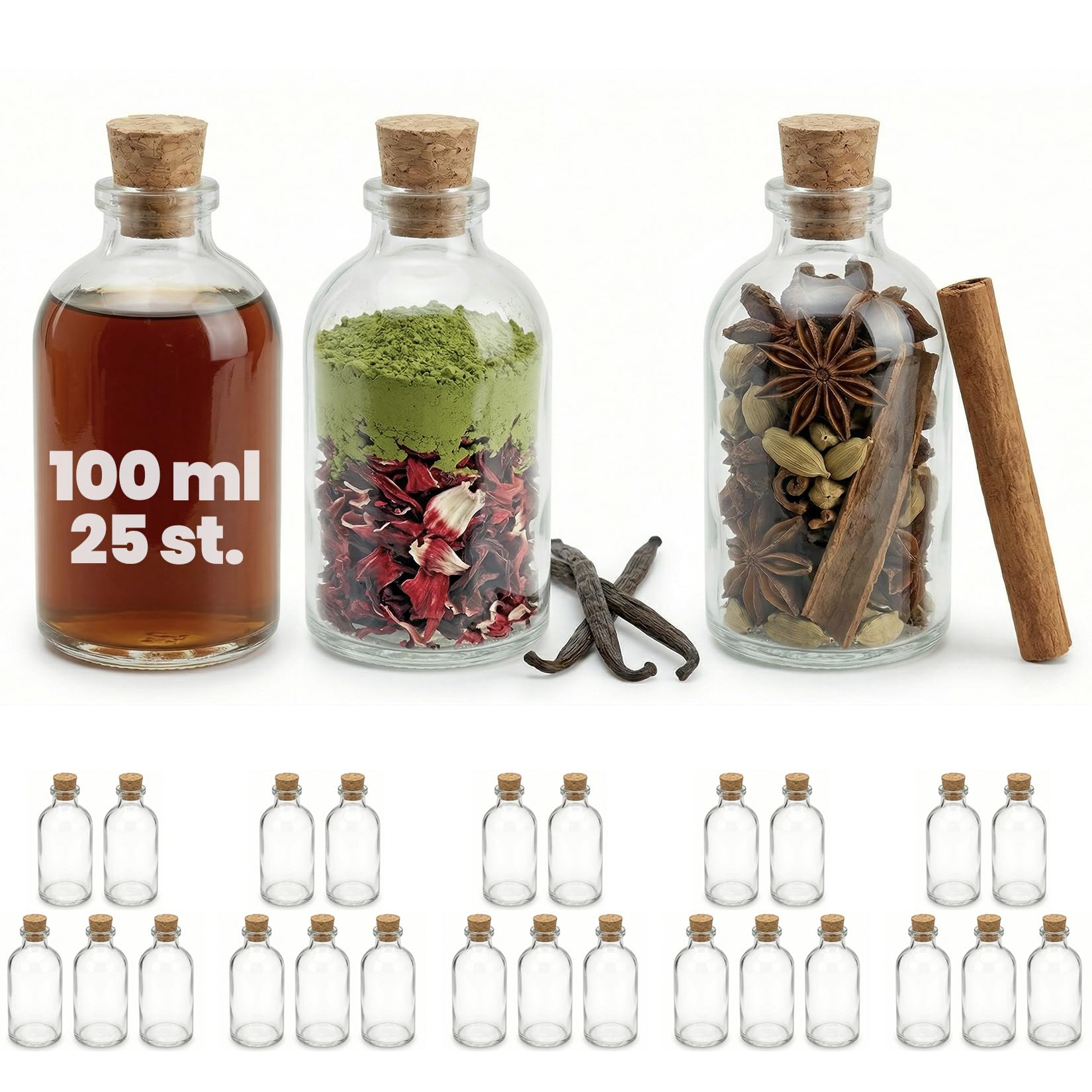 casavetro 100ml Mini Glass Bottles with Cork Lids - 25 PCS Reusable Refillable Cork Tops - Air-Tight Bottles for Sloe Gin Oil Vinegar Beer Wine Cider Soda Vodka and Water (25 x 100 ml)