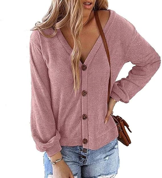 Black Back Women's Solid Color V-Neck Long Sleeve Button Cardigan