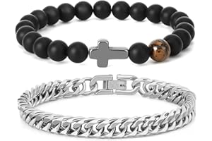 Aospkle 2PCS Cuban Link Cross Beaded Bracelet, Silver Gold Black Sturdy 316L Stainless Steel Cuban Link Chain for Men Jewelry Set with Gift Message Card 8mm, 7/8/9 Inches