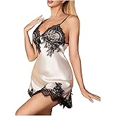 SHENHE Women's Satin Lace Trim Silk Slip Lingerie Cami Dress V Neck Sleeveless Nightgown Sleepwear