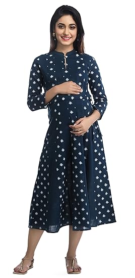 Women;s Cotton Printed Maternity Dress (Blue)