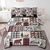 Erosebridal Rustic Cabin King Comforter Set 7 Piece Red Black Farmhouse Buffalo Plaid Bedding Sets Hunting Wolf Bear Deer Bed in A Bag with Sheets Country Wildlife Animal Theme Bed Sets Lodge Decor