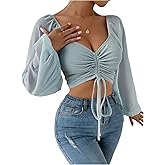Floerns Women's Sheer Chiffon Blouse Lantern Sleeve Ruched Drawstring Going Out Crop Tops