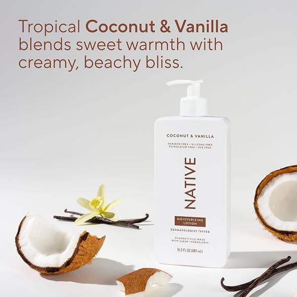 NATIVE BODY LOTION, COCONUT & VANILLA, 48-HOUR HYDRATION FOR DRY & SENSITIVE SKIN, MADE WITH PLANT-BASED MOISTURIZERS LIKE SHEA BUTTER, SILICONE & PARABEN FREE, 16.5 FL OZ