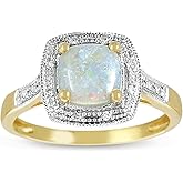 KOKAV 14K Yellow Gold Genuine Opal Cushion Diamond Ring, Size 7