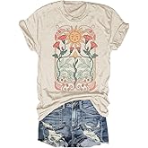 Women's Boho Floral T Shirt Summer Casual Art Nouveau Wildflowers Vintage Flowers Nature Graphic Tees Tops