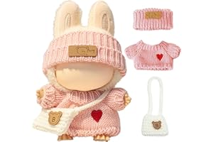 GENERIC Clothes for LABUBU Doll (NO Doll), 3-Piece Handcrafted Crochet Accessories for LABUBU 17cm Dolls, Premium Outfits for LABUBU Unique Dress up - Heart Sweater + Hat + Bag (Pink)