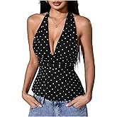 Milumia Women's Polka Dots Tie Backless Halter Top V Neck Ruffle Hem Peplum Tank Tops