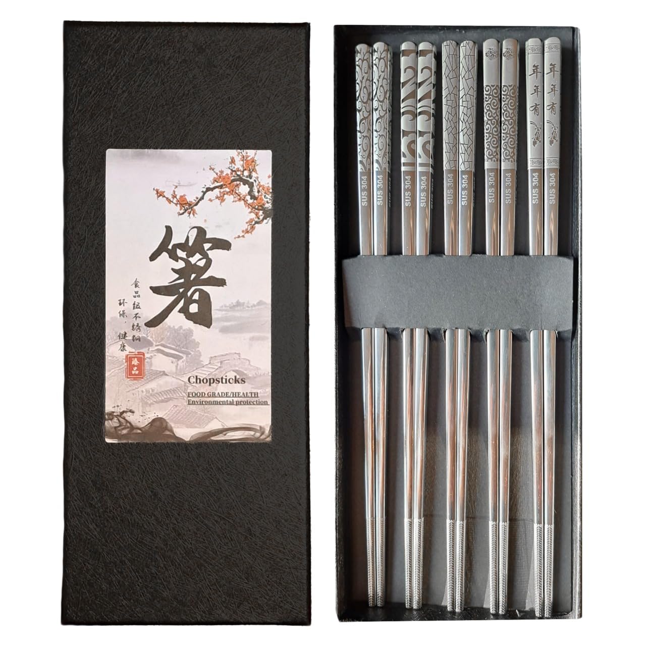 Metal Chopsticks Reusable Titanium Plated, Stainless Steel Chop Sticks, 5 Pairs Reusable Metal Chinese Chopstick, Dishwasher Safe, Lightweight Square Design, Silver Japanese, Gift Box Set