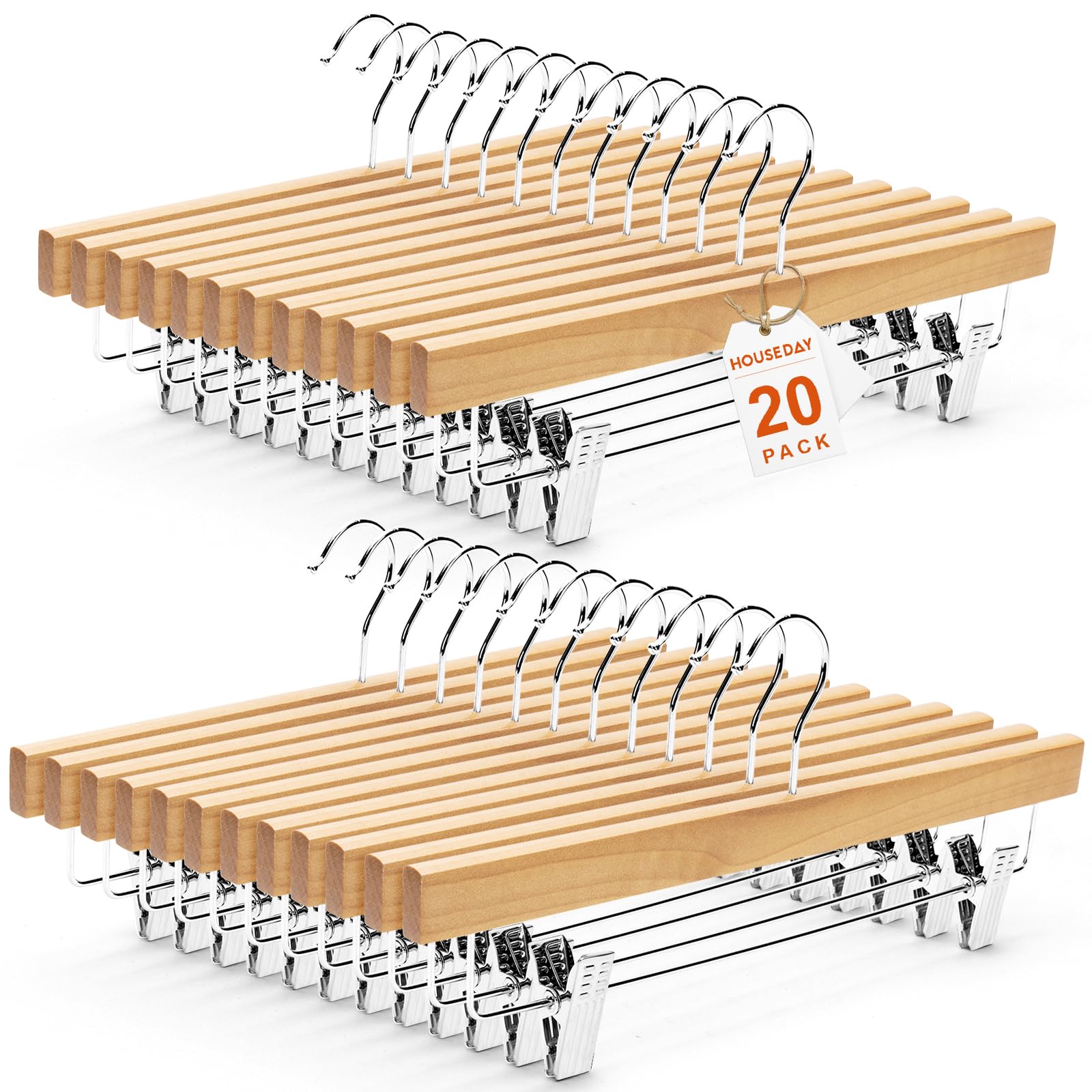 HOUSE DAY Wooden Pants Hangers with Clips, Solid Lotus Deluxe Wood Skirt Hangers, Heavy Duty & Anti-Rust Hook for Wrinkle-Free Slacks, Skirts, Jeans, Space Saving for Closet 20 Pack (Natural)