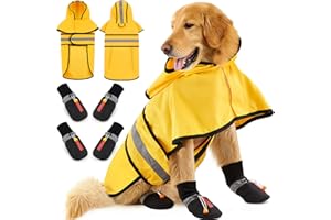 Sunnymove Dog Raincoat and Shoes for Weighing 35-50lbs, Winter Snowy Day Waterproof Dogs Boots & Paw Protectors, Adjustable Pet Poncho with Leash Hole for Large Medium Small Dogs, Yellow(Single Side)