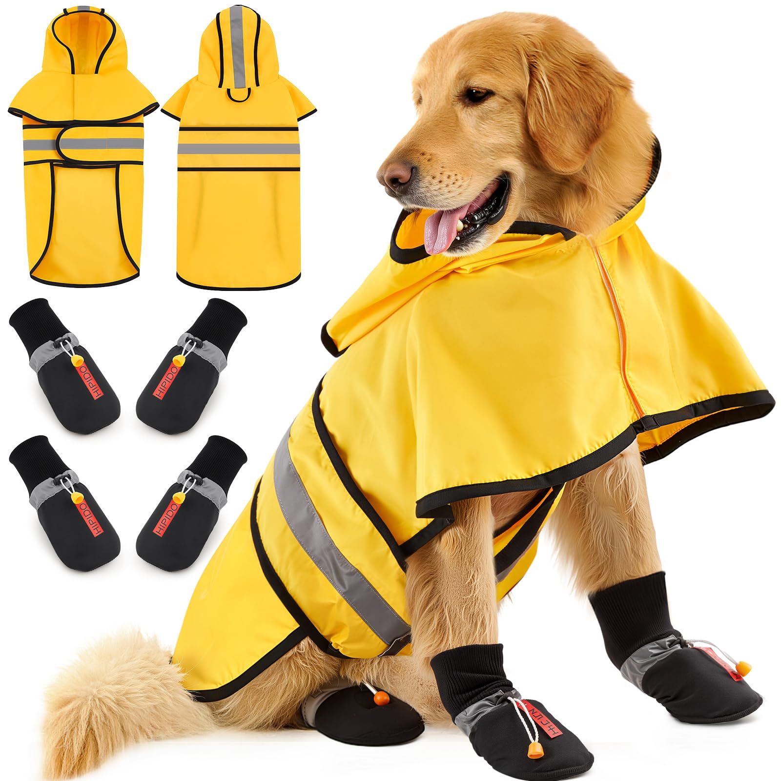 Photo 1 of Sunnymove Dog Raincoat and Shoes for Weighing 20-38lbs, Spring Summer Waterproof Dogs Boots & Paw Protectors, Adjustable Pet Poncho with Leash Hole for Large Medium Small Dogs, Yellow(Single Side)
