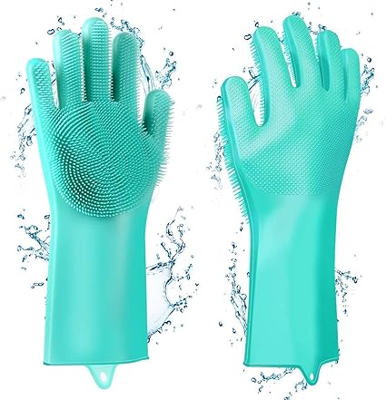 Mixen Magic Silicone Gloves with Wash Scrubber, Reusable Brush Heat Resistant Gloves Kitchen Tool for Cleaning, Dish Washing, Washing The Car, Pet Hair Care - 1 Pair (Multicolor)