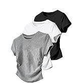 SHENHE Women's 3 Pack Short Sleeve Crew Neck T Shirts Ruched Slim Fitted Basic Tees Tops