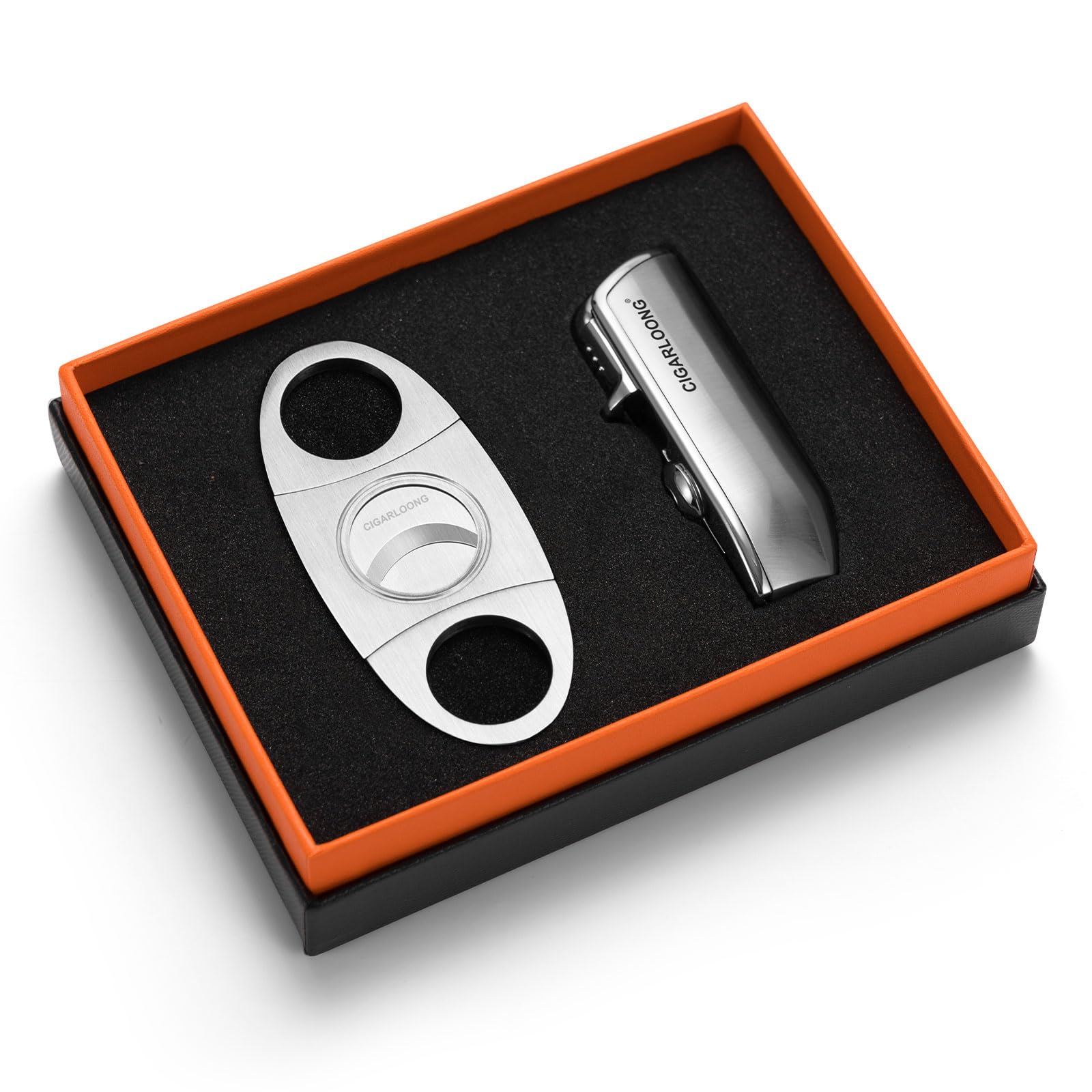 CIGARLOONG Cigar Cutter and Lighter Set Silver Double Blade Simple Cigar Guillotine and 3 Jet Torch Blue Flames Refillable Lighter