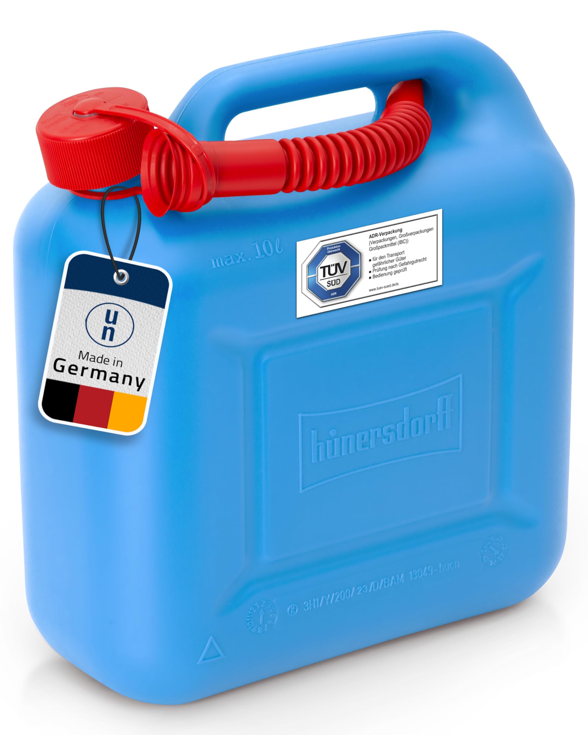 hünersdorff Kraftstoff-Kanister STANDARD 10l für Benzin, Diesel und andere Gefahrgüter, UN-Zulassung, made in Germany, TÜV-geprüfter Produktion, blau