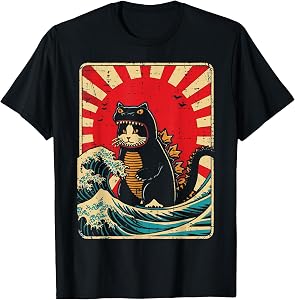 Cat Monster Waves Red Sun Japanese Catzilla Women Men Kids T-Shirt