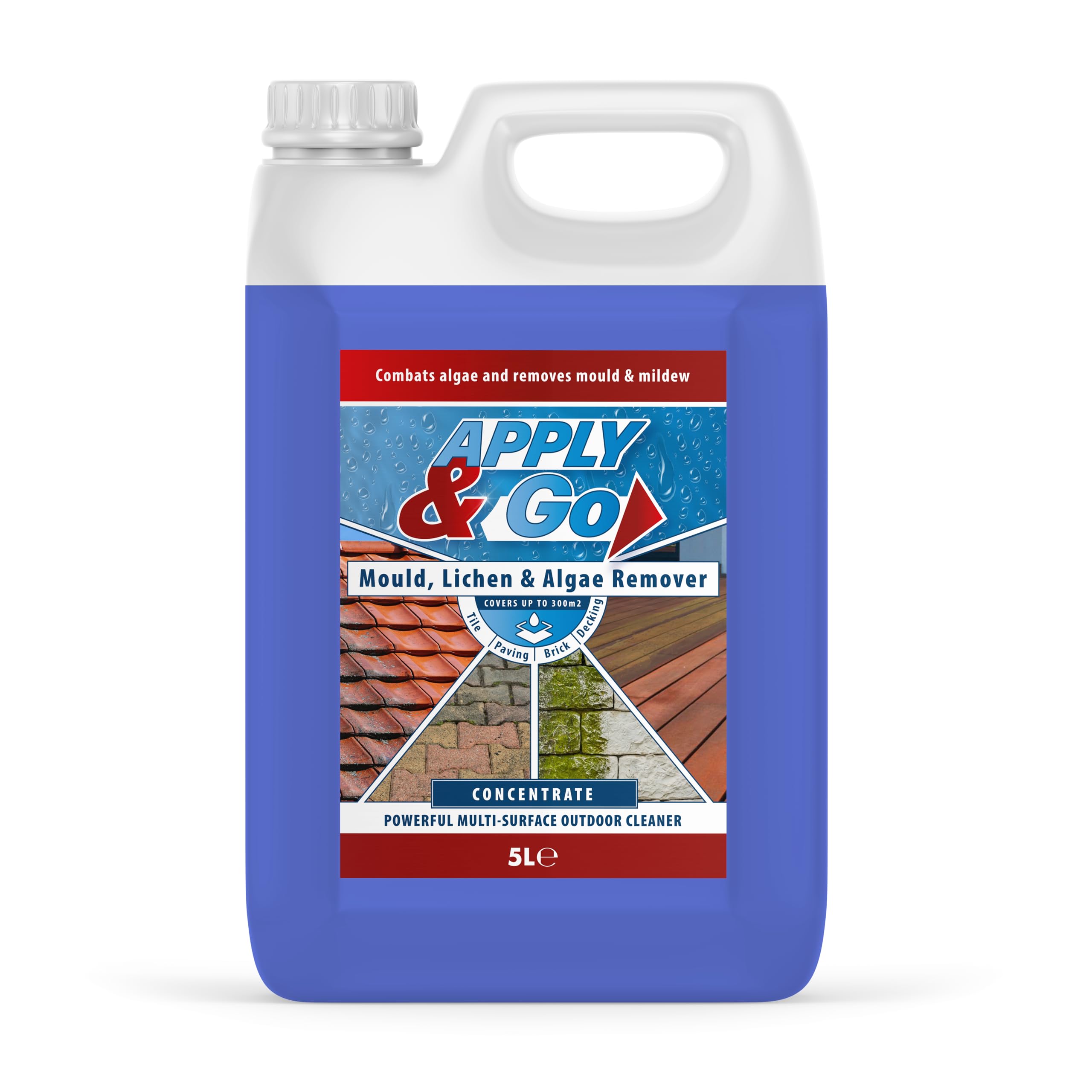 Apply & Go - Path and Patio Cleaner, Concentrated Mould, Mildew, Lichen & Algae Remover | Outdoor Cleaning Treatment for Decking, Stone, Driveways, Rooftops (Up to 300m2 coverage) - 5 Litre