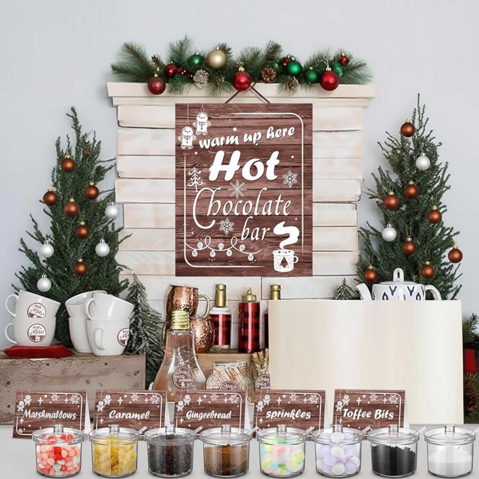 Photo 1 of (unknown if complete) Meanplan 52 Pcs Christmas Hot Chocolate Bar Cocoa Bar Supplies 8 Acrylic Jars with Spoons 1 Hot Cocoa Stand Sign