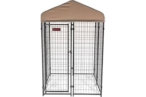 Lucky Dog Stay Series 4' x 4' x 6' Black Powder Coat Steel Frame Studio Medium Outdoor Dog Kennel w/Waterproof Canopy Roof & Single Gate Door, Khaki