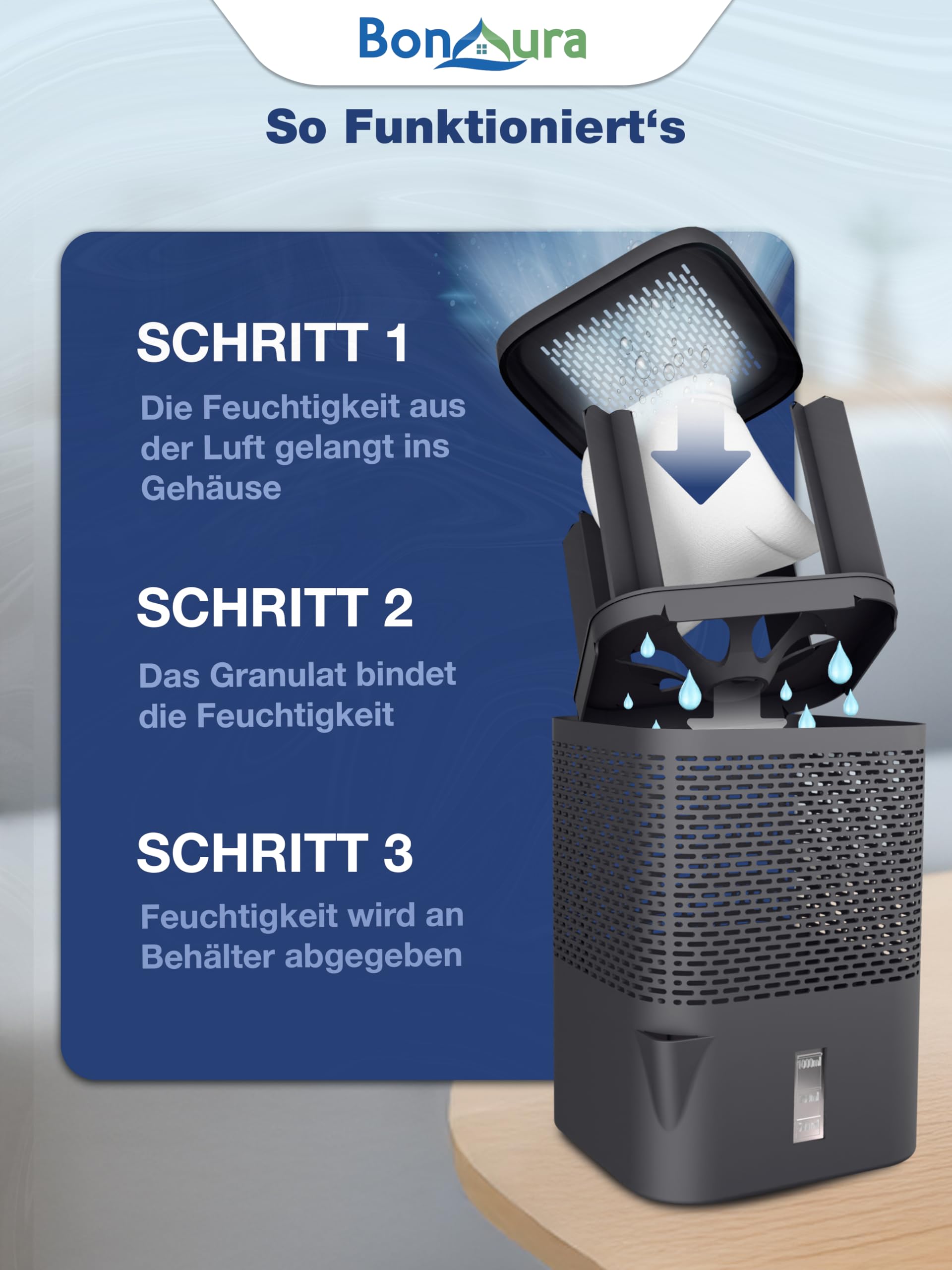BonAura® Luftentfeuchter ohne Strom - Raumentfeuchter für Keller, Bad uvm. - 680g Luftenfeuchter Nachfüllpack inklusive - Entfeuchter und Luftentfeuchter Granulat im Set - Schutz vor Schimmel 4