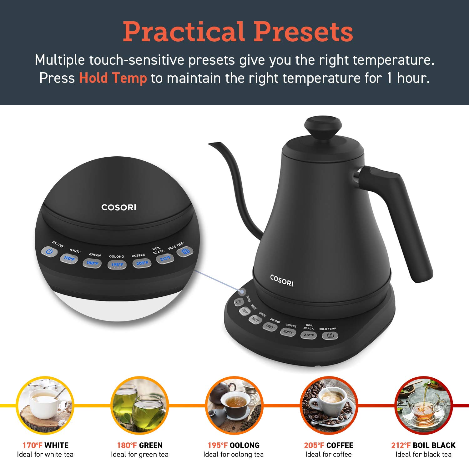 COSORI Electric Gooseneck Kettle with 5 Variable Presets, Pour Over