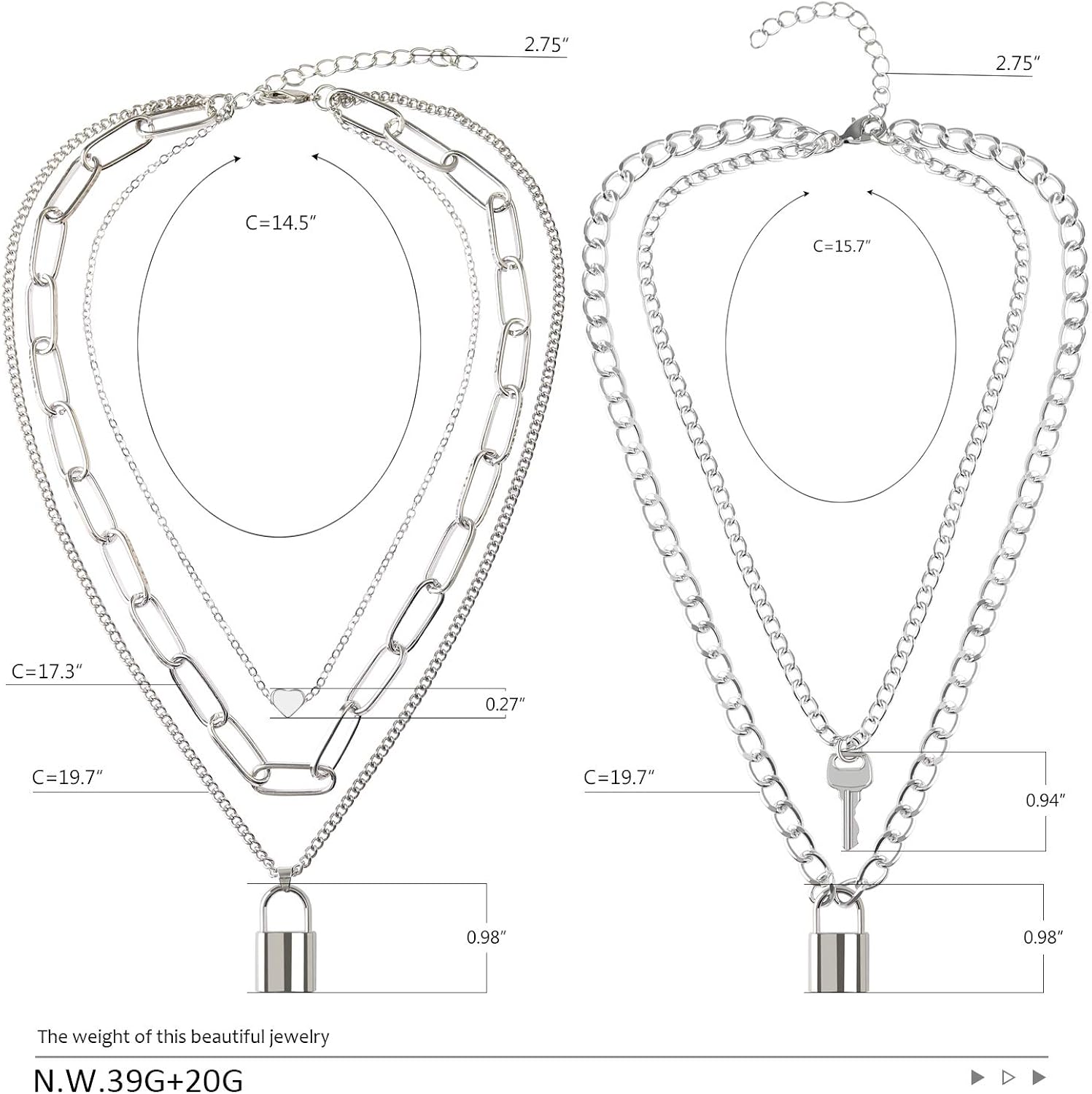 BVROSKI Lock Chain Necklace, Egirl Chains, Statement Lock Key Pendant Necklace Silver Set Eboy Long Multilayer Chains Punk Choker 2 Set(5 Layer) | 