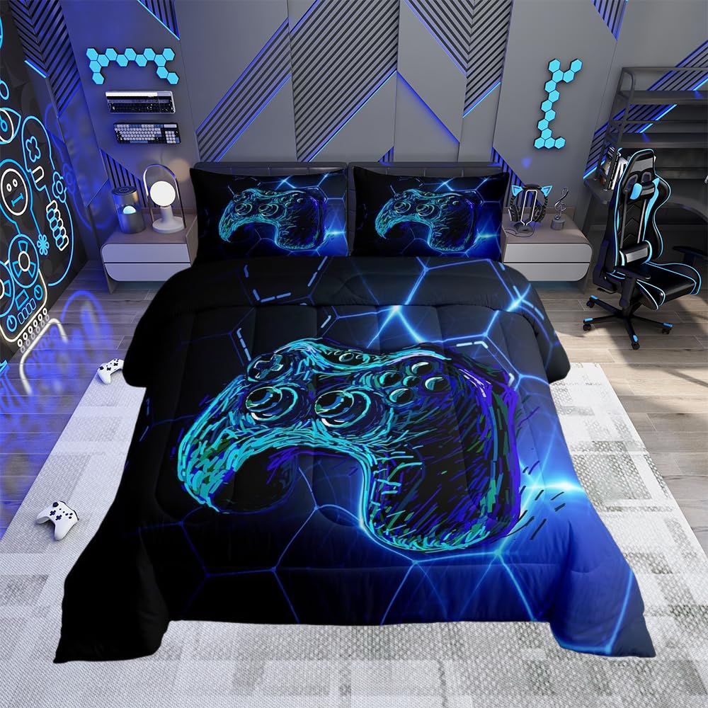 Loussiesd Gaming Duvet Insert Gamer Gamepad Duvet for Kids Boys Girls Blue Games Joystick Comforter Honeycomb Blue Down Comforter 2Pcs Single Size