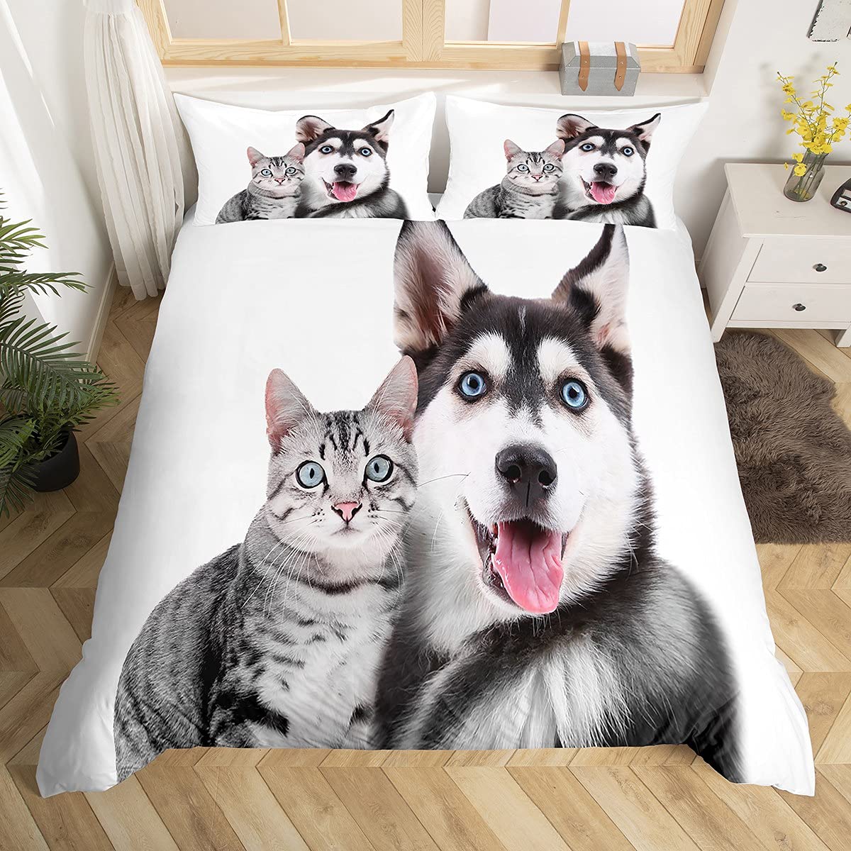 Husky Civet Cat Print Duvet Cover Set 3D Animal Printed Comforter Cover for Kids Boys Girls Teens Cute Pet Dog Cat Pattern Bedding Set Lovely Bedroom Decor 2Pcs Bedspread Single Size