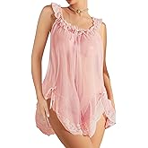 Foxiny Sexy Bows Split Side Ruffle Lace Mesh Sheer Babydoll Lingerie Dress Nightgown Set with Thong 2 Piece