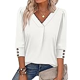 OFEEFAN Womens 3/4 Sleeve Tops with Buttons V Neck Summer Outfits Dressy Casual Blouses for Women Fashion Clothes