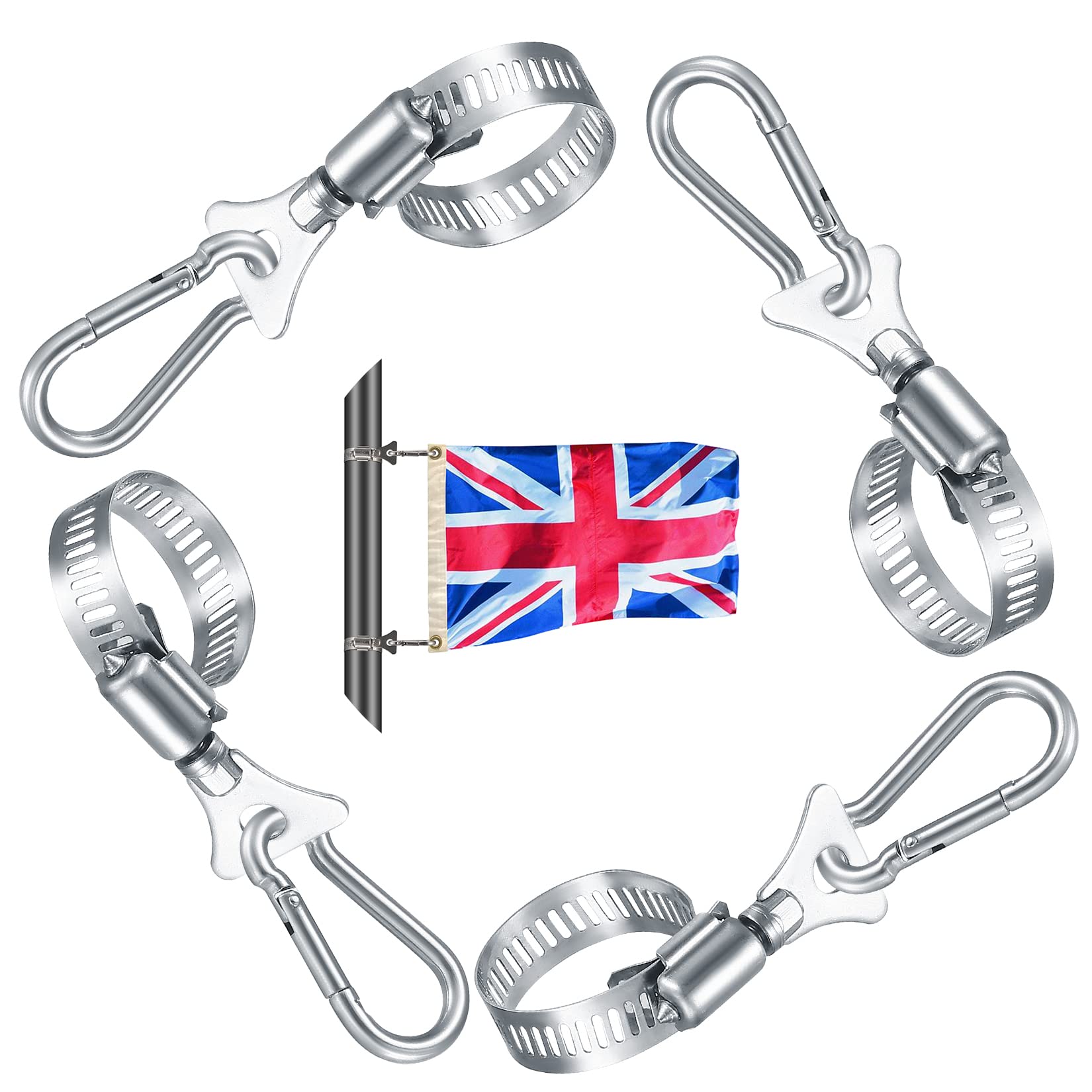 LJAPPLIED 4 Pcs Flag Pole Mounting Ring Clips, Flagpole Mounting Rings, Stainless Steel Flapole Mounting Fastener Rings with 4 Pcs Carabiners Hooks for Outdoor Flag Pole Replacement