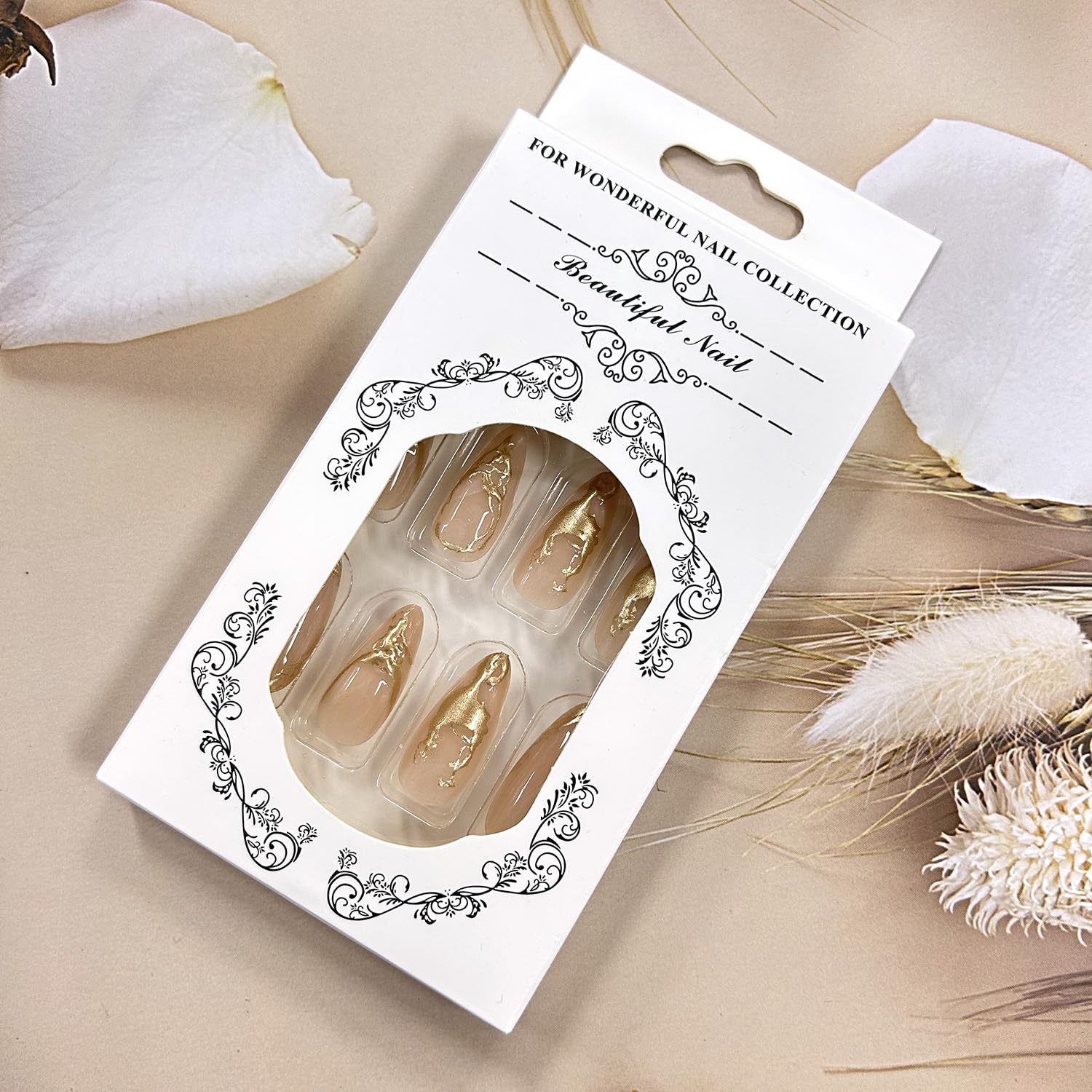 TBRZTR French Tip Press on Nails Almond 3D Gold Lines Design False Nails Full Cover Coffin Nails Artificial Stick on Nails Short Acrylic Nails Reusable Glue on Nails for Women DIY Manicure Kit 24Pcs - Image 5