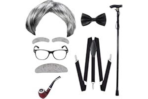 ATTBEA Old Man Costume Wig for Kids 100 Days of School Costume for Boys Old People Costume Set for Adults Men Halloween costume Grey
