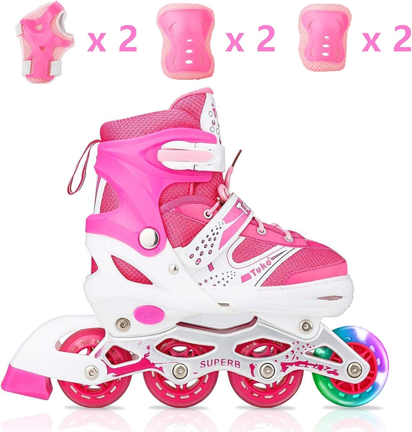 Tuko Kids Adjustable Inline Skates for Girls Rollers Adjust Skates Blades Illuminating Wheel Patines para Niños with Protective Pads (Big Kid 2M/3M/4M)