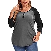 Plus Size Tops for Women 3/4 Sleeve Shirts Crewneck Color Block Blouse Casual Henley Tops