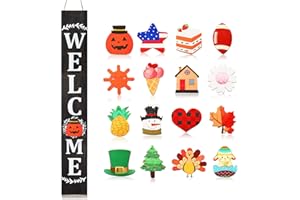 Jetec Welcome Sign for Front Door Interchangeable Wooden Welcome Porch Sign Hanging Outdoor Decoration Replaceable Wood Welcome Sign with 16 Seasonal Icon for Fall Halloween Christmas(Black Backing)