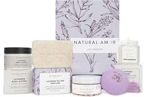 Natural Amor 5-Piece Lavender Spa Gift Set – Bath Bomb, Body Butter, Bar Soap, Bath Salt, Candle – Relaxing Self Care Kit for