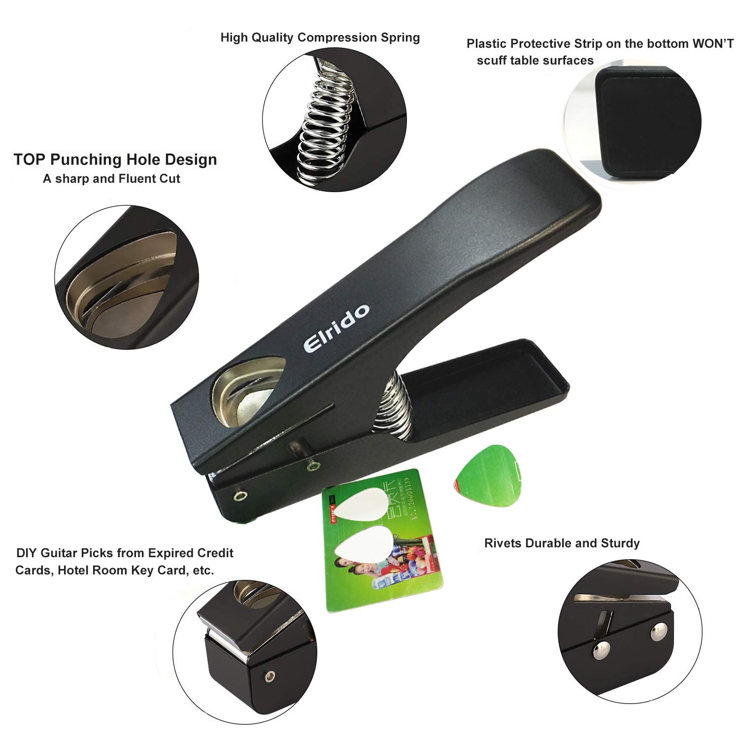 Elrido DIY Guitar Picks Maker Guitar Pick Punch Make Your Endless Guitar Picks, With Leather Key Chain Picks Holder and 2 Pick Strips Sheet - Guitar Picks Puncher Tool Kit Gift for Guitarist (Black)
