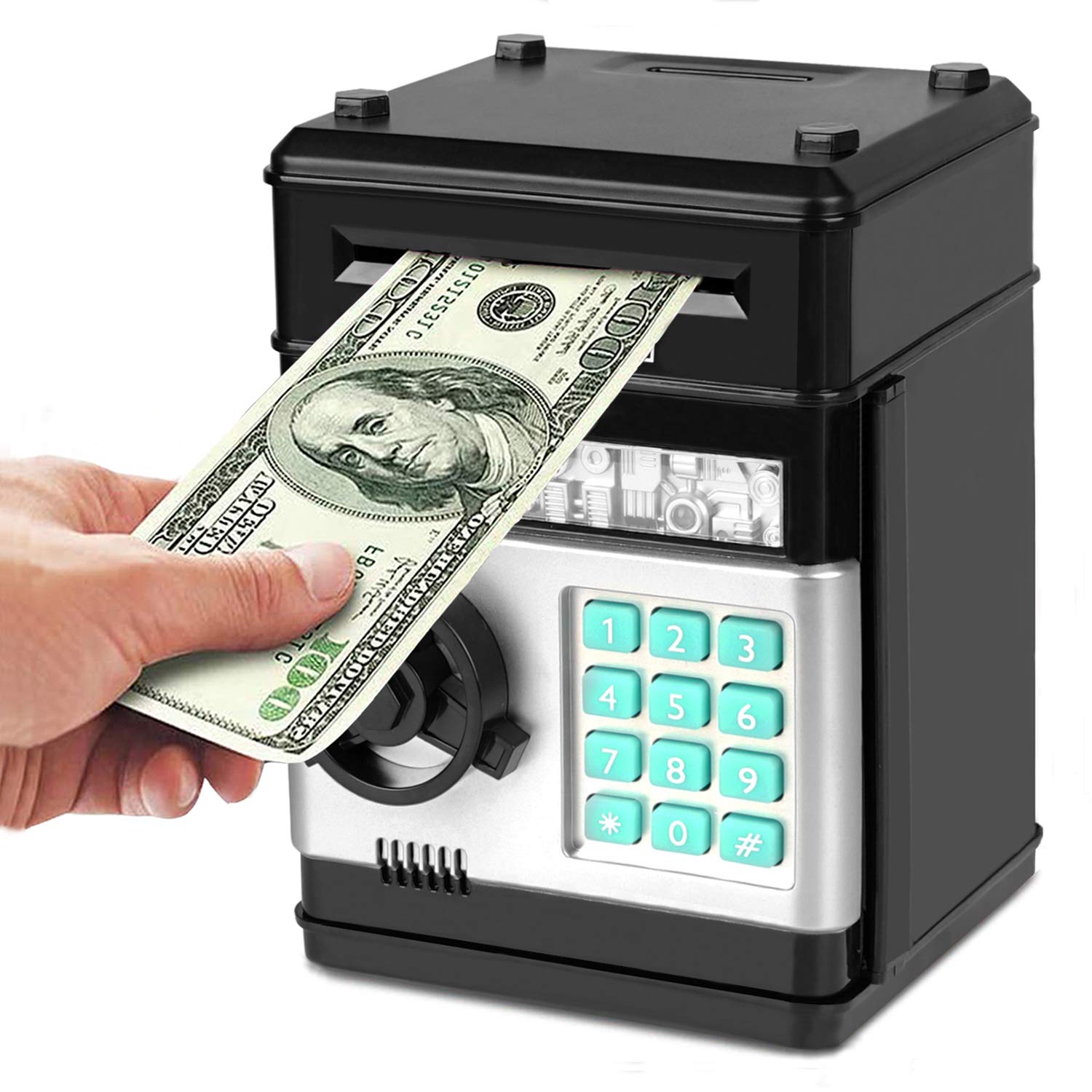Revanom Electronic Piggy Bank, Mini ATM Password Money Bank Cash Coins Saving Box for Kids, Cartoon Safe Bank Box Perfect Toy Gifts for Boys Girls (Black)