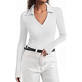 joyliveCY Long Sleeve Polo Shirts for Women V Neck Business Casual Work Tops Collared Shirts Slim Fit T-Shirts Fall Clothes Ladies Soft Ribbed Knit Work Shirts Trendy Fall Fashion Outfits, M, White