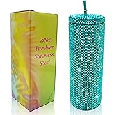 XMYAINA 20oz Bling Diamond Tumbler with Lid and Straw Studded Skinny Tumbler Stainless Steel Vacuum Insulated Water Bottle Double Wall Iced Coffee Mug Reusable Glitter Cups (Ocean Blue)