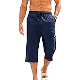 Gafeng Mens Cotton Linen Yoga Pants Elastic Drawstring Casual 3/4 Capri Shorts with Pockets