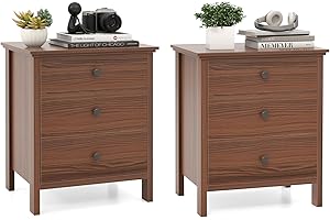 KOMFOTT 3 Drawers Nightstand, Wooden Bedside Table, Modern Sofa Side End Table, Space-Saving for Living Room, Bedroom & Offic